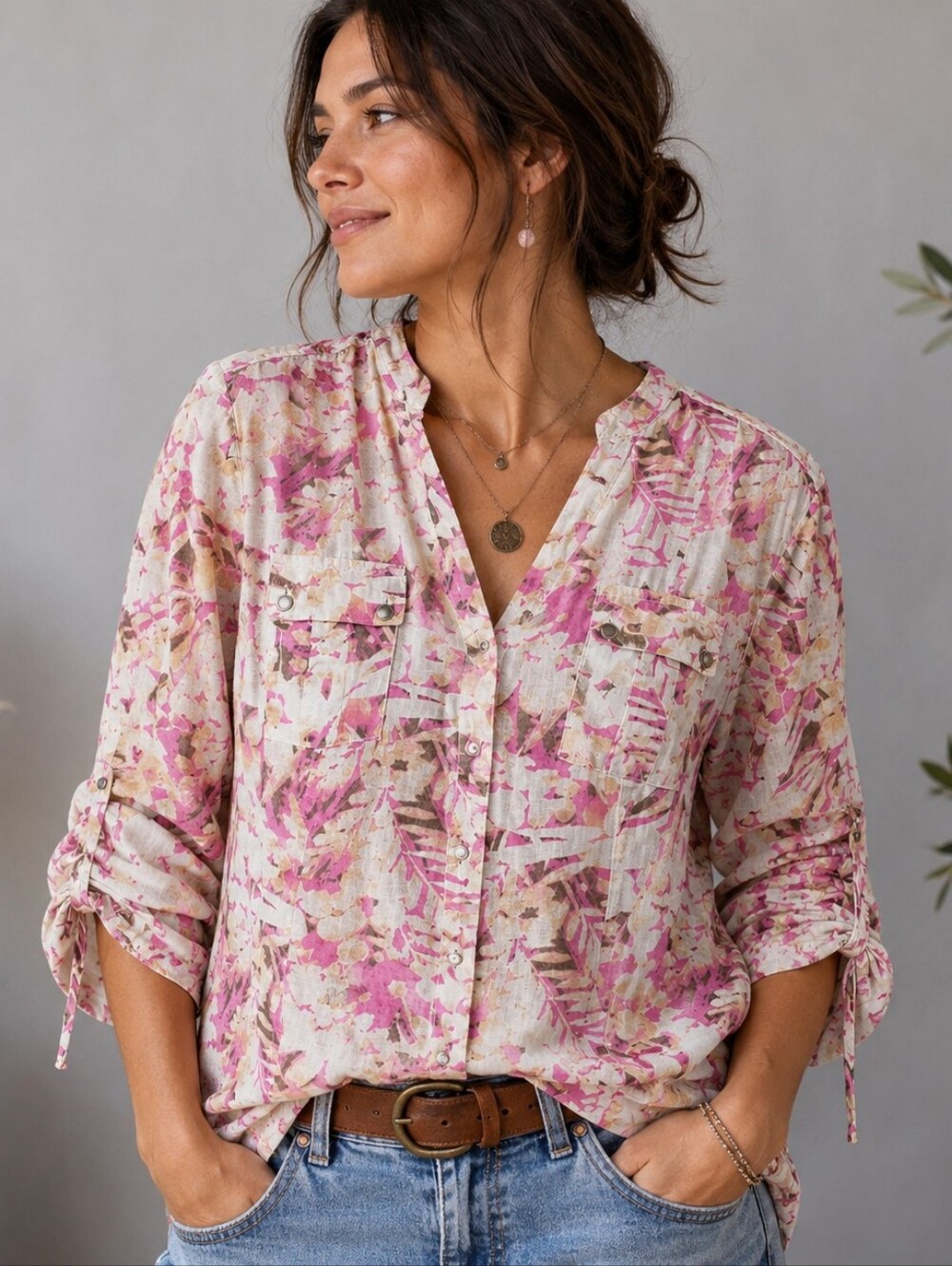 JM Collection Linen Floral Blouse